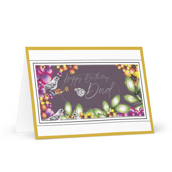 Happy Birthday Dad [Large Size] (Three Birds and a Butterfly Meet – Purple Mauve Background – Gold Border ) Beautiful Flowers 4YouAreBlessed Hand Drawn and Illustrated Greeting Card