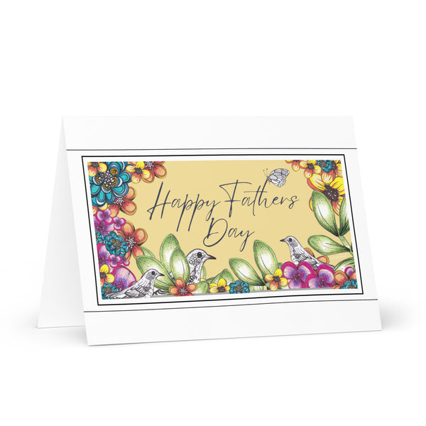 Happy Father’s Day (Three Bird's and a Butterfly - Corn Background) Beautiful Flowers 4YouAreBlessed Hand Drawn and Illustrated Greeting Card