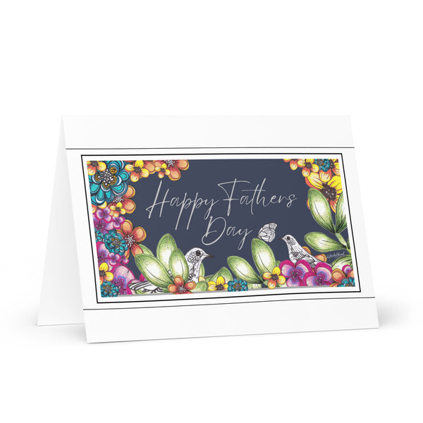 Happy Father’s Day (Two Bird's and a Butterfly Meet - Navy Blue Background) Beautiful Flowers 4YouAreBlessed Hand Drawn and Illustrated Greeting Card