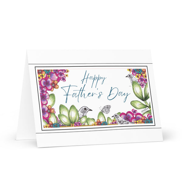 Happy Father’s Day (Three Bird's and a Butterfly Meet - White Background) Beautiful Flowers 4YouAreBlessed Hand Drawn and Illustrated Greeting Card