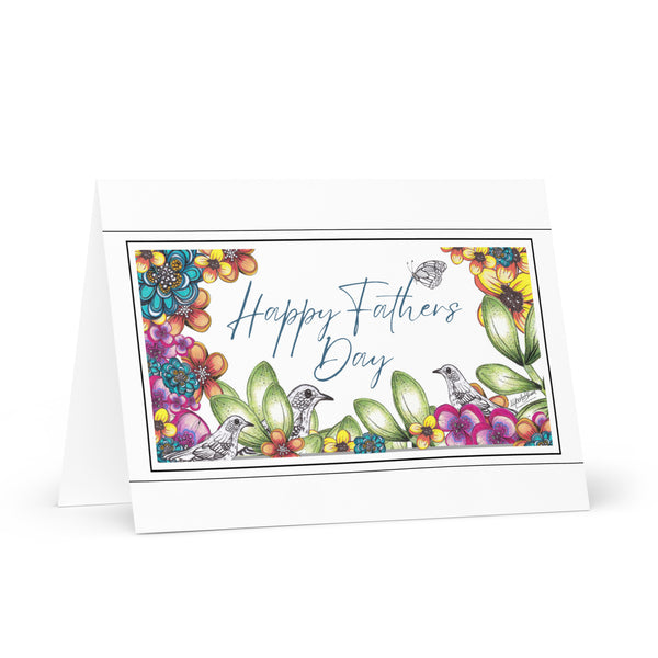 Happy Father’s Day (Three Bird's and a Butterfly – White Background) Beautiful Flowers 4YouAreBlessed Hand Drawn and Illustrated Greeting Card