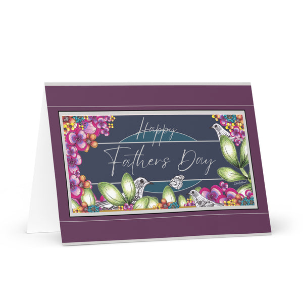 Happy Father’s Day (Three Bird's and a Butterfly Meet - Navy and Teal Background – with Plum and Silver Border) Beautiful Flowers 4YouAreBlessed Hand Drawn and Illustrated Greeting Card