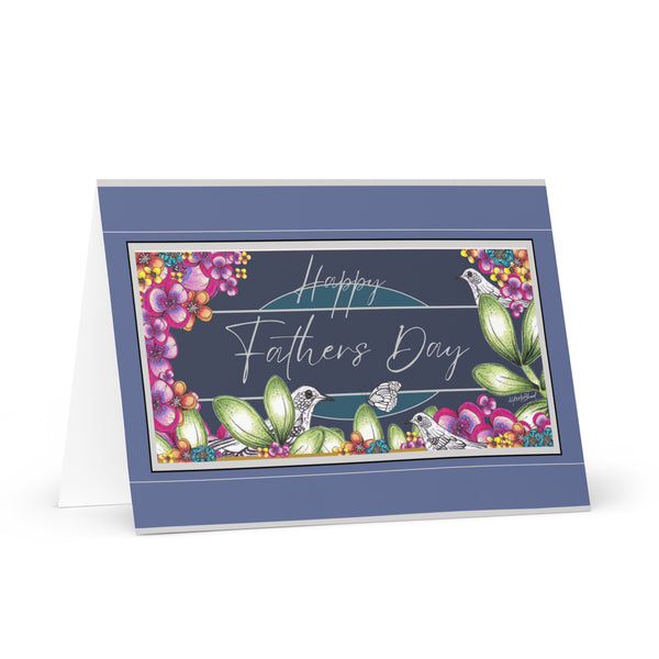 Happy Father’s Day (Three Birds and a Butterfly Meet - Navy and Teal Background with Cool Blue-Grey and Silver Border) Beautiful Flowers 4YouAreBlessed Hand Drawn and Illustrated Greeting Card