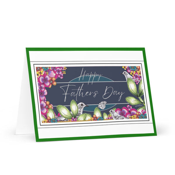 Happy Father’s Day [Large Size] (Three Birds and a Butterfly Meet - Navy and Teal Background with Kelly Green Border) Beautiful Flowers 4YouAreBlessed Hand Drawn and Illustrated Greeting Card