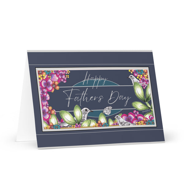 Happy Father’s Day (Three Birds and a Butterfly Meet - Navy and Teal Background with Navy Blue and Silver Border) Beautiful Flowers 4YouAreBlessed Hand Drawn and Illustrated Greeting Card