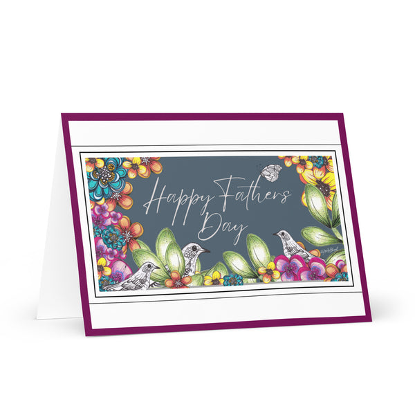 Happy Father’s Day [Large Size] (Three Birds and a Butterfly Meet – Teal-Grey Background with Fuchsia Border) Beautiful Flowers 4YouAreBlessed Hand Drawn and Illustrated Greeting Card