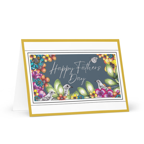 Happy Father’s Day [Large Size] (Three Birds and a Butterfly Meet – Teal-Grey Background with Gold Border) Beautiful Flowers 4YouAreBlessed Hand Drawn and Illustrated Greeting Card