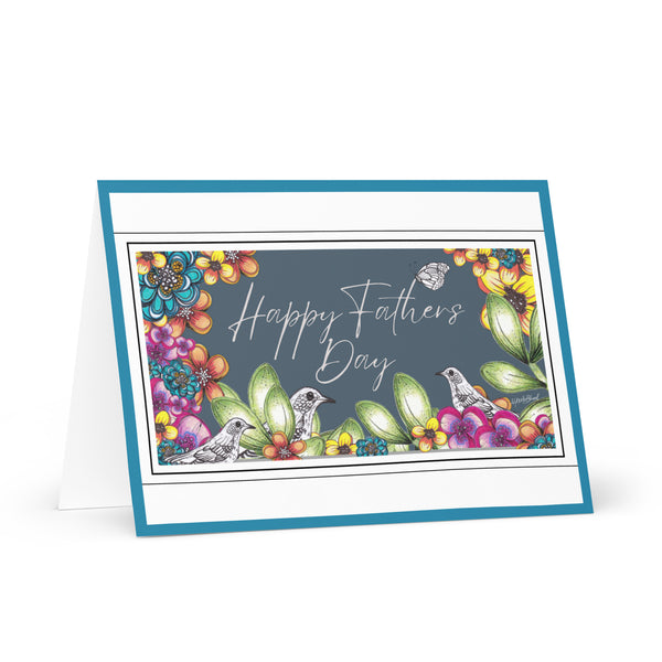 Happy Father’s Day [Large Size] (Three Birds and a Butterfly Meet – Teal-Grey Background with Bright Blue Border) Beautiful Flowers 4YouAreBlessed Hand Drawn and Illustrated Greeting Card