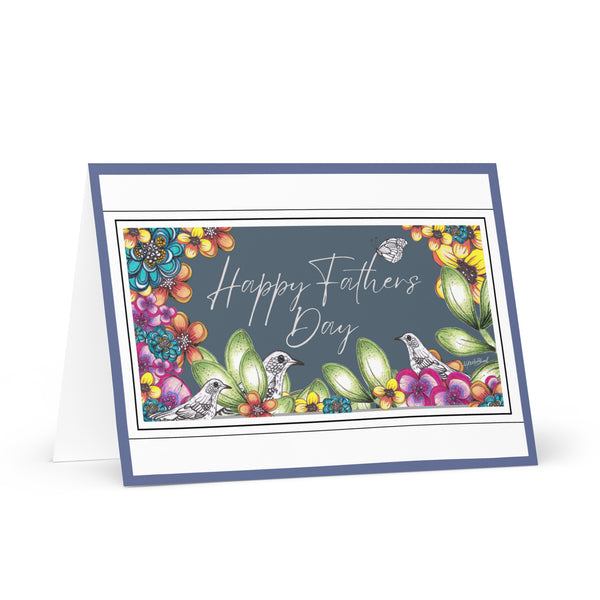 Happy Father’s Day [Large Size] (Three Birds and a Butterfly – Teal-Grey Background with Soft Purple Border) Beautiful Flowers 4YouAreBlessed Hand Drawn and Illustrated Greeting Card