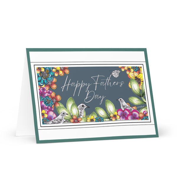 Happy Father’s Day [Large Size] (Three Birds and a Butterfly – Teal-Grey Background with Green Border) Beautiful Flowers 4YouAreBlessed Hand Drawn and Illustrated Greeting Card