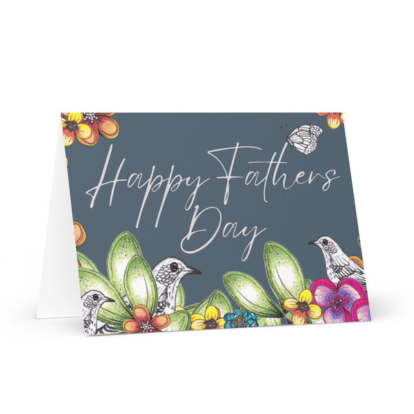 Happy Father’s Day (Three Birds and a Butterfly – Teal-Grey Background) Beautiful Flowers 4YouAreBlessed Hand Drawn and Illustrated Greeting Card