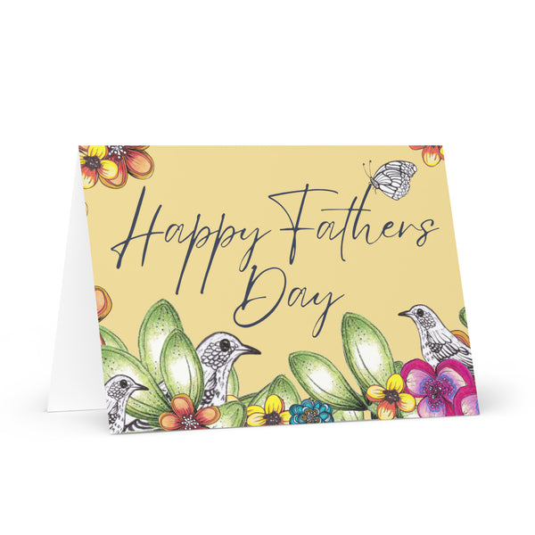 Happy Father’s Day (Three Birds and a Butterfly – Corn Background) Beautiful Flowers 4YouAreBlessed Hand Drawn and Illustrated Greeting Card