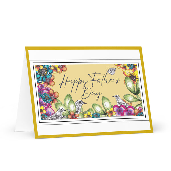 Happy Father’s Day [Large Size] (Three Birds and a Butterfly – Corn Background with Gold Border) Beautiful Flowers 4YouAreBlessed Hand Drawn and Illustrated Greeting Card