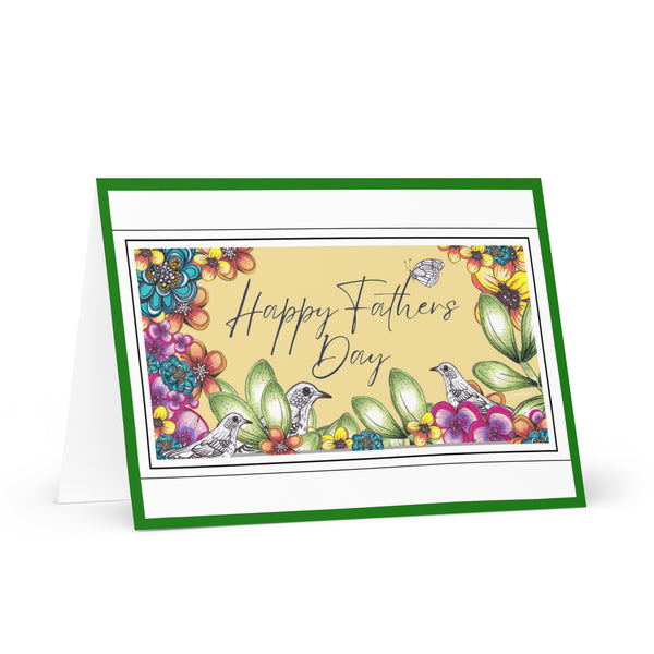 Happy Father’s Day [Large Size] (Three Birds and a Butterfly – Corn Background with Kelly Green Border) Beautiful Flowers 4YouAreBlessed Hand Drawn and Illustrated Greeting Card