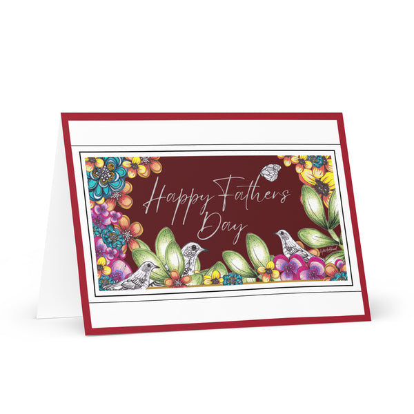 Happy Father’s Day [Large Size] (Three Birds and a Butterfly – Brick-Red Background with Red Border) Beautiful Flowers 4YouAreBlessed Hand Drawn and Illustrated Greeting Card