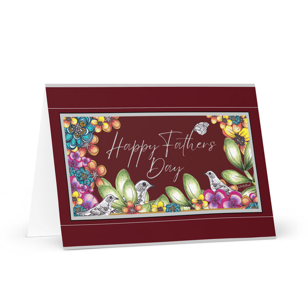 Happy Father’s Day (Three Birds and a Butterfly – Brick-Red Background with Brick-Red and Silver Border) Beautiful Flowers 4YouAreBlessed Hand Drawn and Illustrated Greeting Card