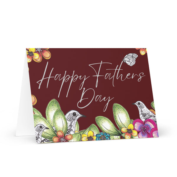 Happy Father’s Day (Three Birds and a Butterfly – Brick-Red Background) Beautiful Flowers 4YouAreBlessed Hand Drawn and Illustrated Greeting Card