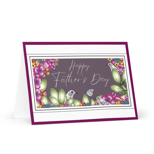 Happy Father’s Day [Large Size] (Three Birds and a Butterfly Meet – Purple Mauve Background with Fuchsia Border) Beautiful Flowers 4YouAreBlessed Hand Drawn and Illustrated Greeting Card