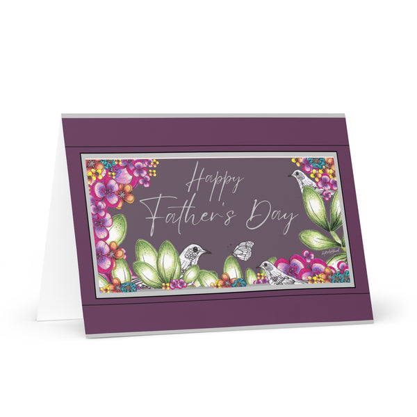 Happy Father’s Day (Three Birds and a Butterfly Meet – Purple Mauve Background with Purple and Silver Border) Beautiful Flowers 4YouAreBlessed Hand Drawn and Illustrated Greeting Card