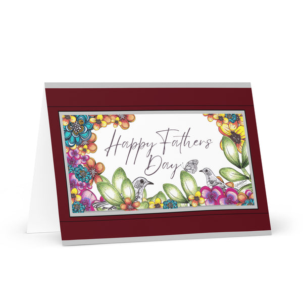 Happy Father’s Day (Two Birds and a Butterfly Meet – with Red-Brick and Silver Border) Beautiful Flowers 4YouAreBlessed Hand Drawn and Illustrated Greeting Card