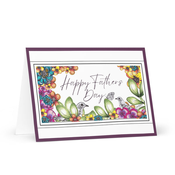 Happy Father’s Day [Large Size] (Two Birds and a Butterfly Meet – with Purple Mauve Border) Beautiful Flowers 4YouAreBlessed Hand Drawn and Illustrated Greeting Card