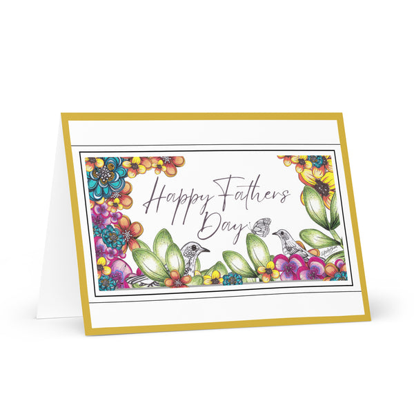 Happy Father’s Day [Large Size] (Two Birds and a Butterfly Meet – with Gold Border) Beautiful Flowers 4YouAreBlessed Hand Drawn and Illustrated Greeting Card