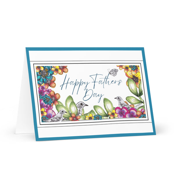 Happy Father’s Day [Large Size] (Three Birds and a Butterfly – with Bright Blue Border) Beautiful Flowers 4YouAreBlessed Hand Drawn and Illustrated Greeting Card