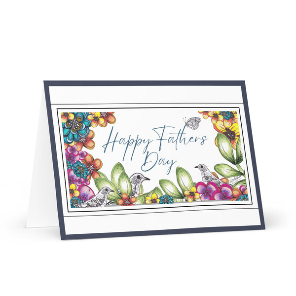 Happy Father’s Day [Large Size] (Three Birds and a Butterfly – with Navy Blue Border) Beautiful Flowers 4YouAreBlessed Hand Drawn and Illustrated Greeting Card