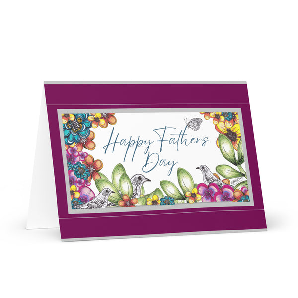 Happy Father’s Day (Three Birds and a Butterfly – with Fuchsia and Silver Border) Beautiful Flowers 4YouAreBlessed Hand Drawn and Illustrated Greeting Card