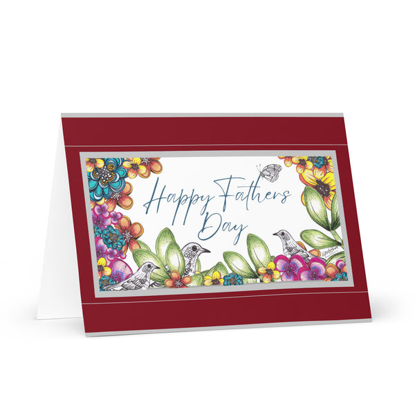 Happy Father’s Day (Three Birds and a Butterfly – with Brick-Red and Silver Border) Beautiful Flowers 4YouAreBlessed Hand Drawn and Illustrated Greeting Card