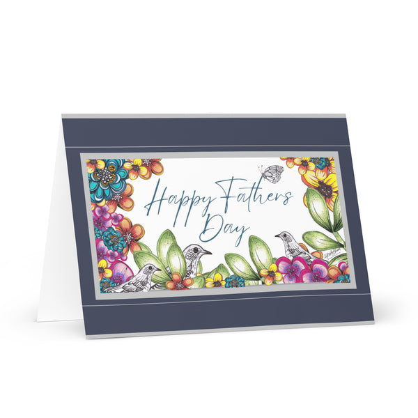 Happy Father’s Day (Three Birds and a Butterfly – with Navy Blue and Silver Border) Beautiful Flowers 4YouAreBlessed Hand Drawn and Illustrated Greeting Card