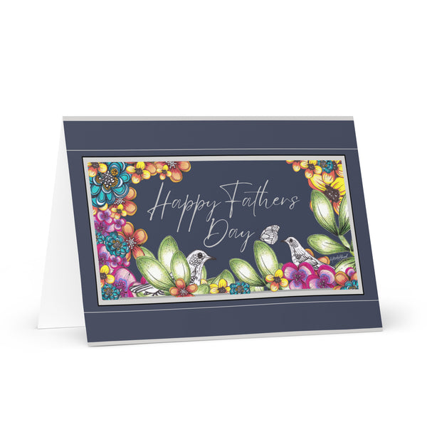 Happy Father’s Day (Two Birds and a Butterfly Meet – with Navy Blue Background and Navy Blue and Silver Border) Beautiful Flowers 4YouAreBlessed Hand Drawn and Illustrated Greeting Card