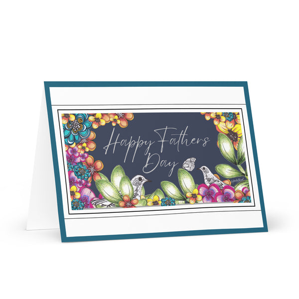 Happy Father’s Day [Large Size] (Two Birds and a Butterfly Meet – with Navy Blue Background and Teal Border) Beautiful Flowers 4YouAreBlessed Hand Drawn and Illustrated Greeting Card