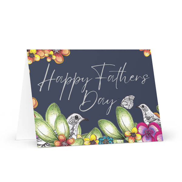 Happy Father’s Day (Two Birds and a Butterfly Meet – with Navy Blue Background) Beautiful Flowers 4YouAreBlessed Hand Drawn and Illustrated Greeting Card