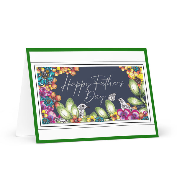 Happy Father’s Day [Large Size] (Two Birds and a Butterfly Meet – with Navy Blue Background and Kelly Green Border) Beautiful Flowers 4YouAreBlessed Hand Drawn and Illustrated Greeting Card