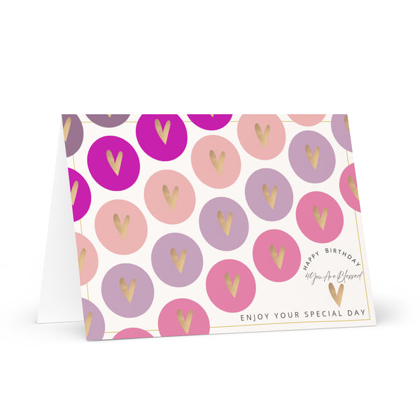 Happy Birthday 4YouAreBlessed Enjoy Your Special Day (Purple, Pink and Lilac Circle Patterned with Gold Hearts) Corporate Greeting Card