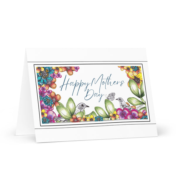 Happy Mother’s Day (Two Birds and a Butterfly Meet – White Background – Teal Font) Beautiful Flowers 4YouAreBlessed Hand Drawn and Illustrated Greeting Card