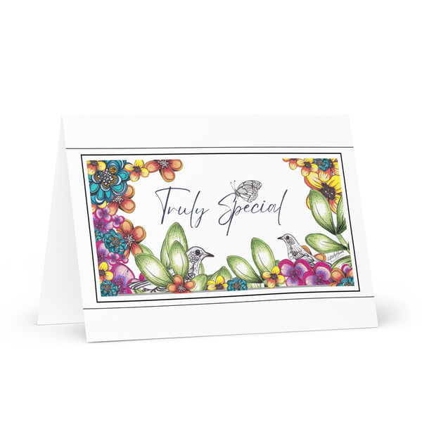 Truly Special (Two Birds and a Butterfly – White Background) Beautiful Flowers 4YouAreBlessed Hand Drawn and Illustrated Greeting Card