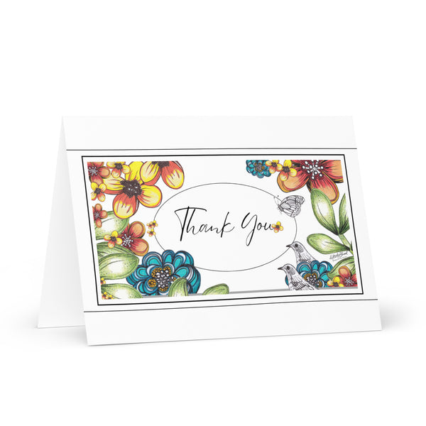 Thank You (Two Birds and a Butterfly Amongst the Flowers and the Leaves – White Background) Beautiful Flowers 4YouAreBlessed Hand Drawn and Illustrated Greeting Card