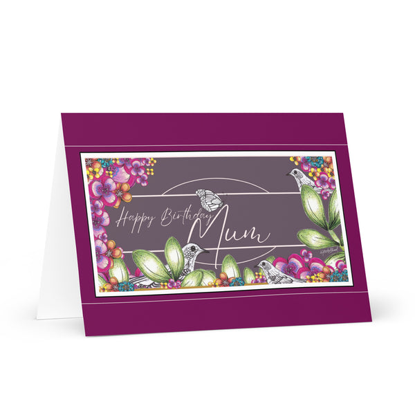 Happy Birthday Mum (Three Birds and a Butterfly Meet – Purple Mauve Background with Silver Font and Fuchsia Border) Beautiful Flowers 4YouAreBlessed Hand Drawn and Illustrated Greeting Card