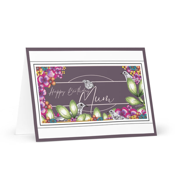 Happy Birthday Mum (Three Birds and a Butterfly Meet – Purple Mauve Background with Silver Font and Purple Mauve Border) Beautiful Flowers 4YouAreBlessed Hand Drawn and Illustrated Greeting Card