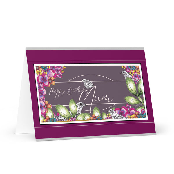 Happy Birthday Mum (Three Birds and a Butterfly Meet – Purple Mauve Background with Silver Font and Fuchsia and Silver Border) Beautiful Flowers 4YouAreBlessed Hand Drawn and Illustrated Greeting Card