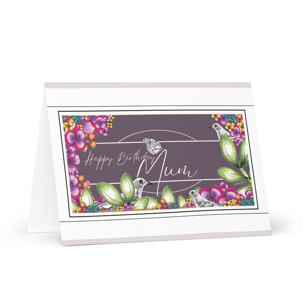 Happy Birthday Mum (Three Birds and a Butterfly Meet – Purple Mauve Background with Silver Font and Soft Mauve Top and Bottom Border) Beautiful Flowers 4YouAreBlessed Hand Drawn and Illustrated Greeting Card