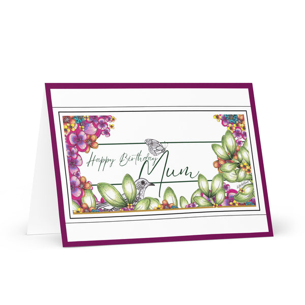 Happy Birthday Mum (One Bird and a Butterfly Meet – with Forest Green Font and Deep Fuchsia Border) Beautiful Flowers 4YouAreBlessed Hand Drawn and Illustrated Greeting Card