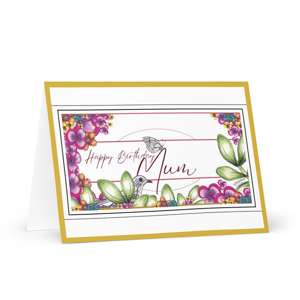 Happy Birthday Mum (One Bird and a Butterfly Meet – with Fuchsia Font and Gold Border) Beautiful Flowers 4YouAreBlessed Hand Drawn and Illustrated Greeting Card