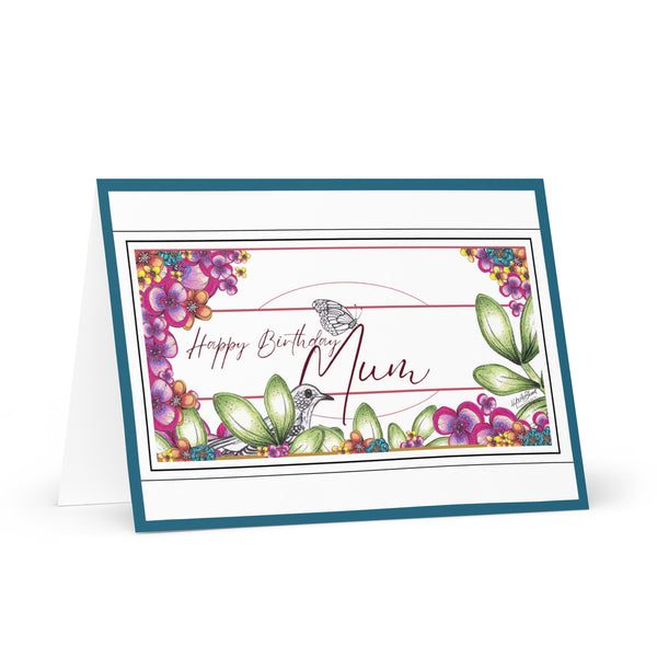 Happy Birthday Mum (One Bird and a Butterfly Meet – with Fuchsia Font and Teal Border) Beautiful Flowers 4YouAreBlessed Hand Drawn and Illustrated Greeting Card