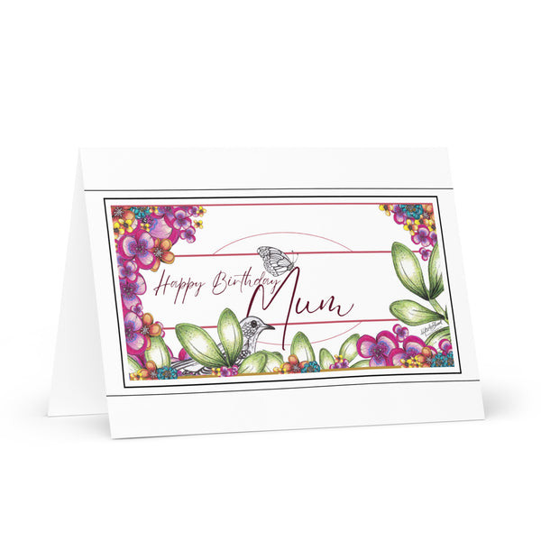 Happy Birthday Mum (One Bird and a Butterfly Meet – with Fuchsia Font) Beautiful Flowers 4YouAreBlessed Hand Drawn and Illustrated Greeting Card