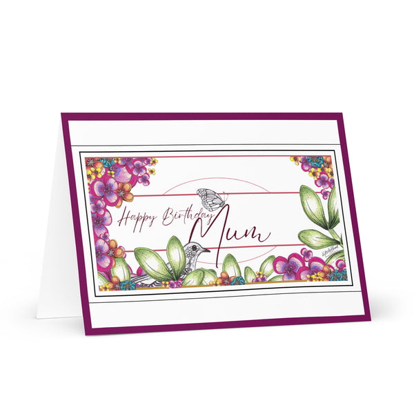 Happy Birthday Mum (One Bird and a Butterfly Meet – with Fuchsia Font and Deep Fuchsia Border) Beautiful Flowers 4YouAreBlessed Hand Drawn and Illustrated Greeting Card