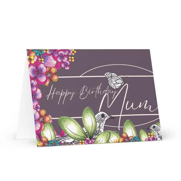 Happy Birthday Mum (Two Birds and a Butterfly Meet – with Silver Font and Purple Mauve Background) Beautiful Flowers 4YouAreBlessed Hand Drawn and Illustrated Greeting Card