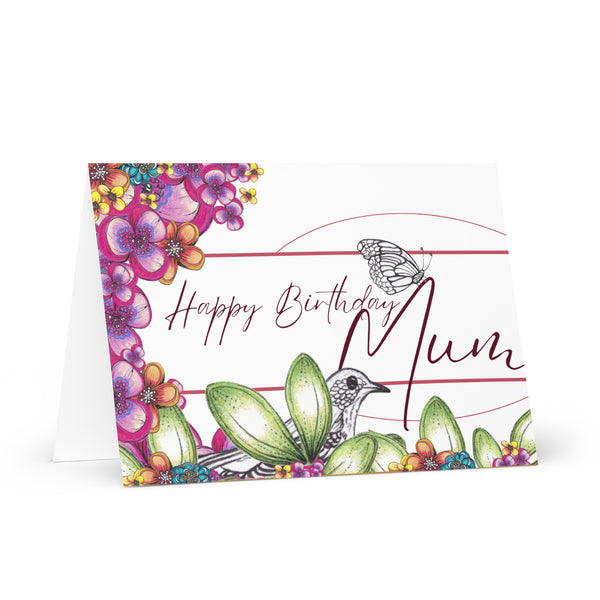 Happy Birthday Mum (One Bird and a Butterfly Meet – with Fuchsia Font) Beautiful Flowers 4YouAreBlessed Hand Drawn and Illustrated Greeting Card